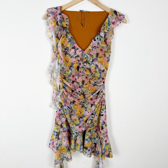 ZARA FLORAL RUCHED Mini Dress Green Multi - Picture 2 of 10